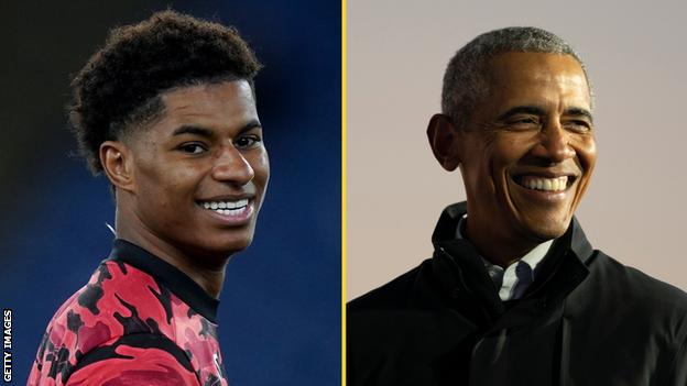 A split image of Manchester United and England footballer Marcus Rashford (left) and former US President Barack Obama (right) smiling