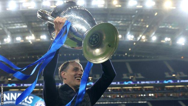 Thomas Tuchel lifting the Champions League trophy