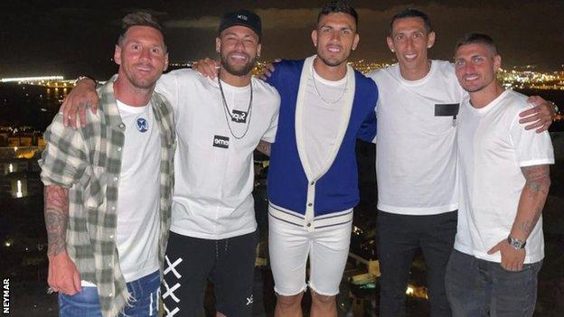 Messi on holiday this month with PSG's Neymar, Paredes, Di Maria and Verrati